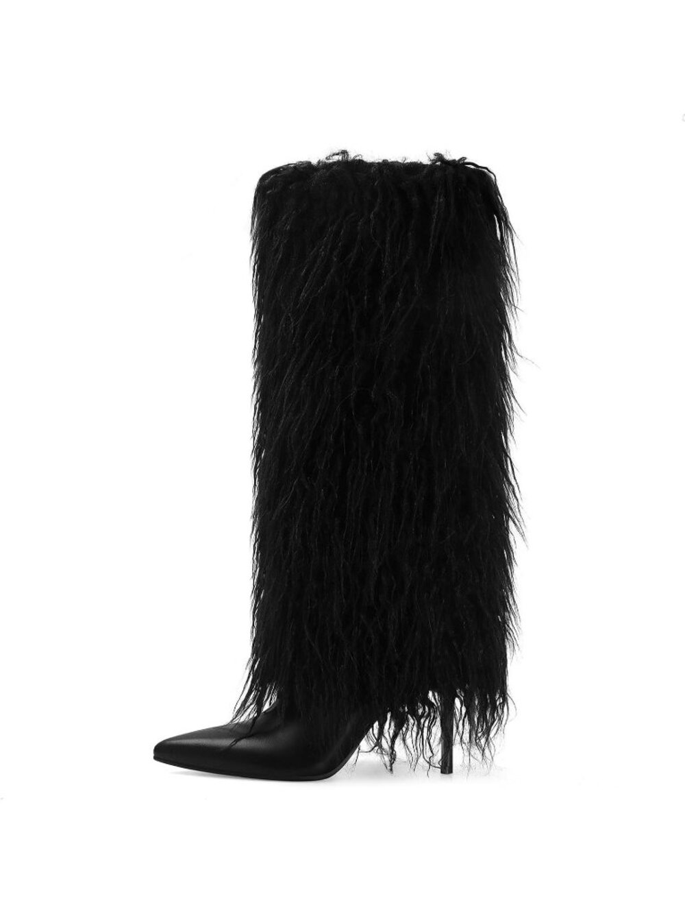 Women's Black Fur Knee High Boots Pointed Toe Stiletto Heels Fold Over Tall Boot